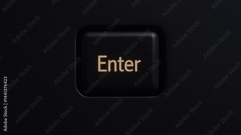 Poster a close-up of a black keyboard enter key with white text on a dark background.
