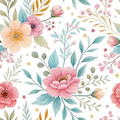 Hand-drawn floral seamless pattern in pastel tones, perfect for fabric, wallpaper, and eco-friendly packaging