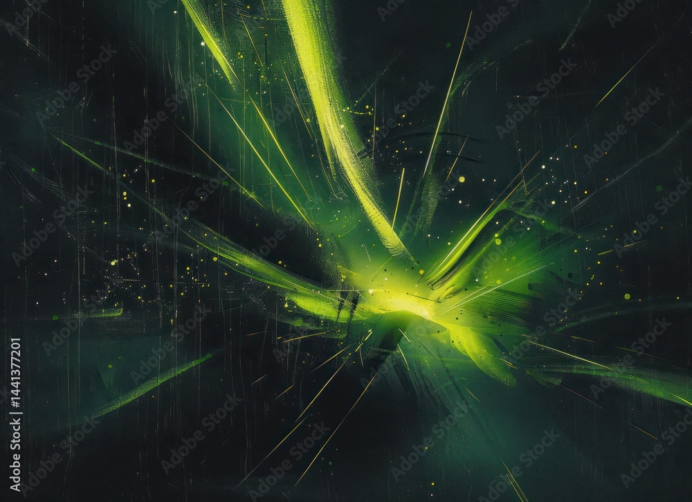 Poster abstract explosion of bright green light beams and splatters radiating from a central point on a dar