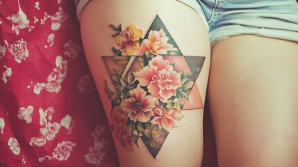 A woman has a tattoo of a flower on her leg