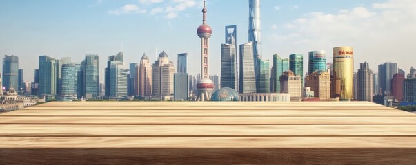 Empty wooden table with a cityscape backdrop.