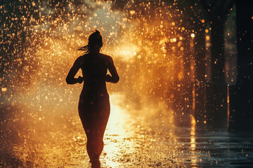 Obraz premium Woman walking in rain with vibrant umbrella, colorful city street background, puddles reflect neon lights, creating atmospheric and cinematic scene.
