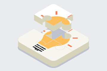 Jigsaw yellow light bulb isometric design, Startup creativity idea technology innovation, vision, solution, business, Thinking, investment concept.