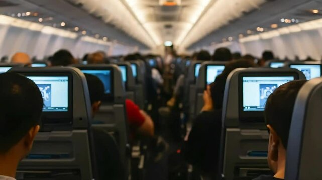 Passengers using in-flight entertainment on a commercial airplane, with cabin lights dimmed for comfort
