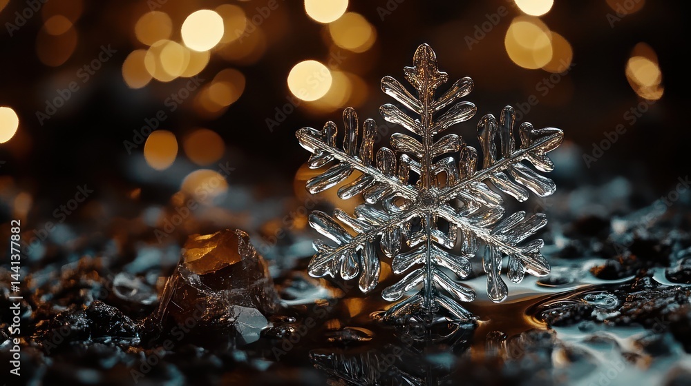 Poster clear snowflake on dark rocks with bokeh lights
