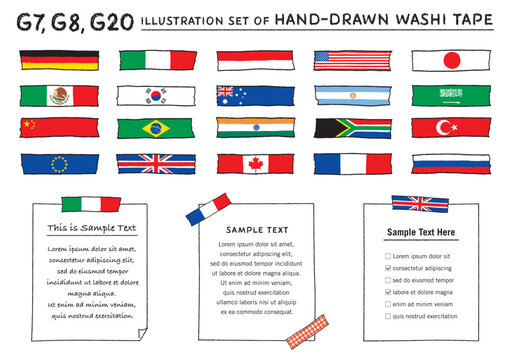 G20,G8,G7の国旗柄のマスキングテープの手描きイラストセット　文字あり