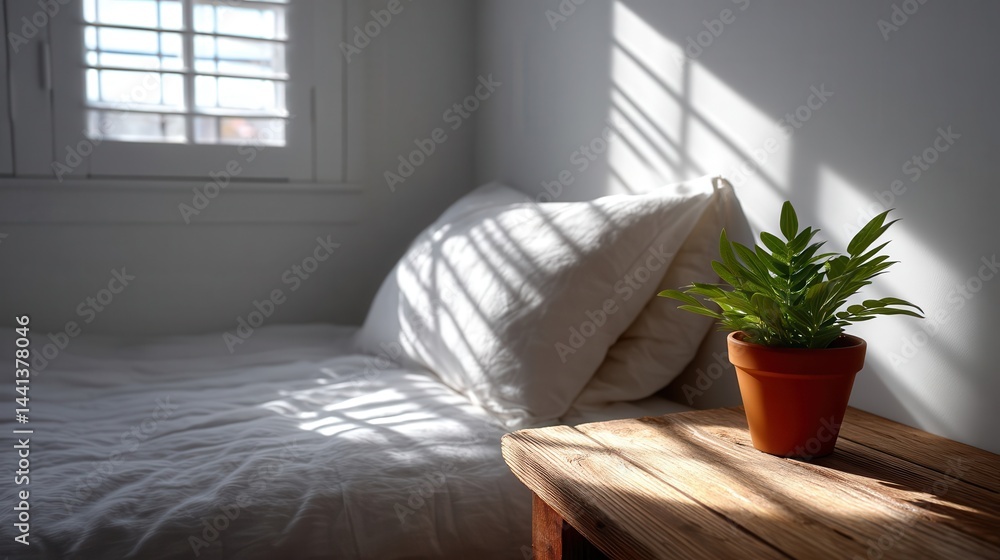 Poster sunlight streams into a simple bedroom.