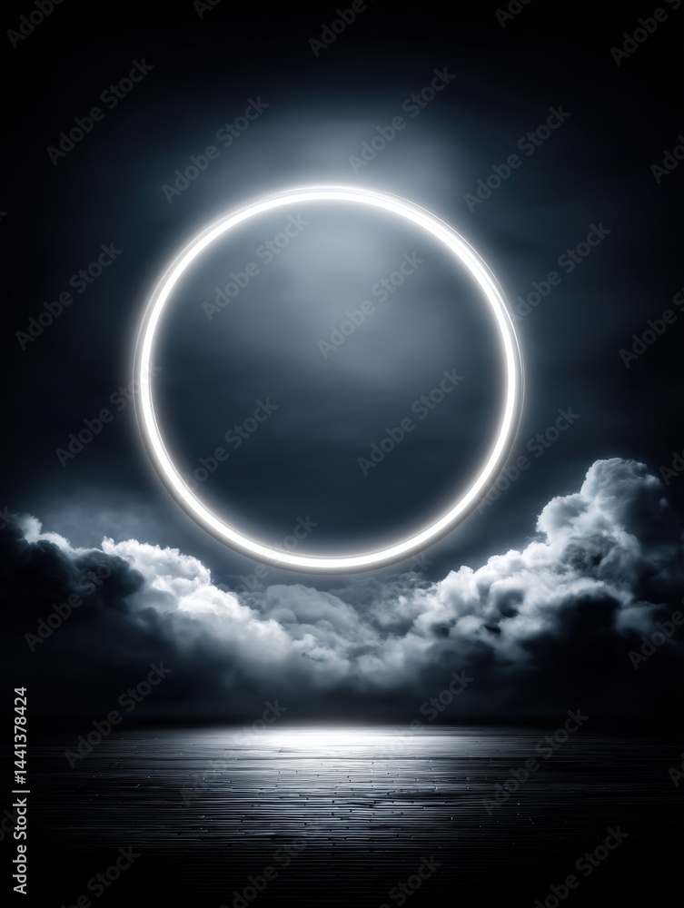 Aufkleber luminous circle above the dark horizon with dramatic clouds and water reflection creating a surreal 