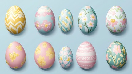 Set of decorative Easter eggs with floral and geometric designs in pastel colors