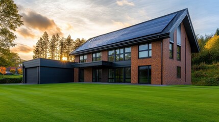 Obraz premium Modern brick house with solar panels at sunset, surrounded by lush green lawn and trees
