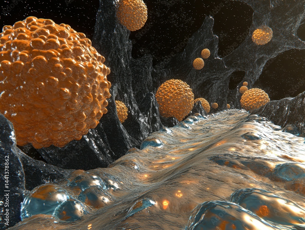 Poster microscopic world of cells and viruses in a surreal landscape with intricate details and abstract fo