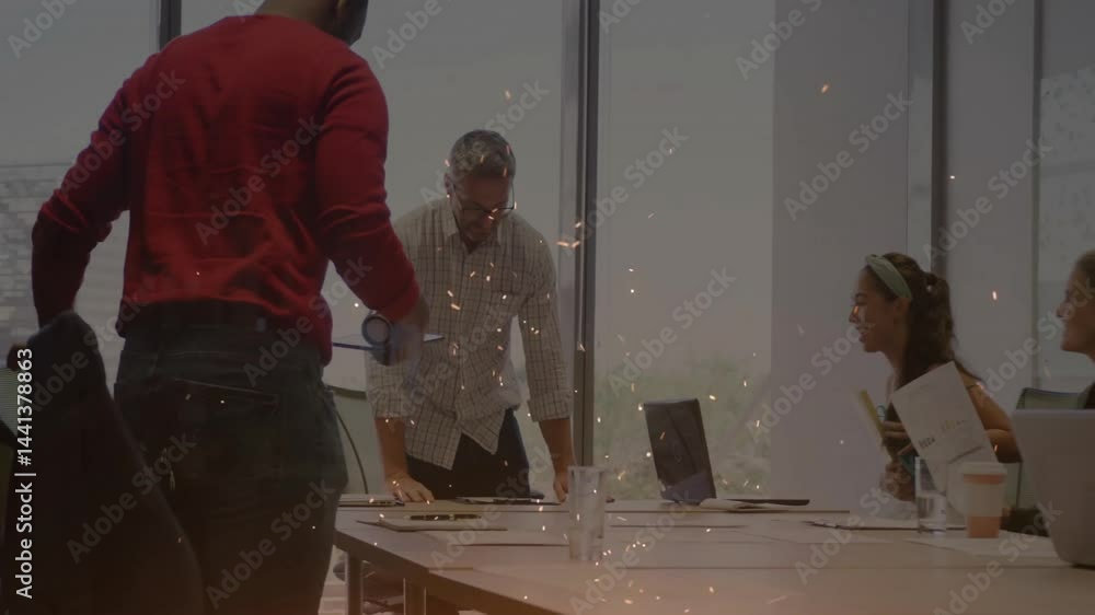 Poster colleagues reviewing documents in business meeting displaying animated charts floating data icons
