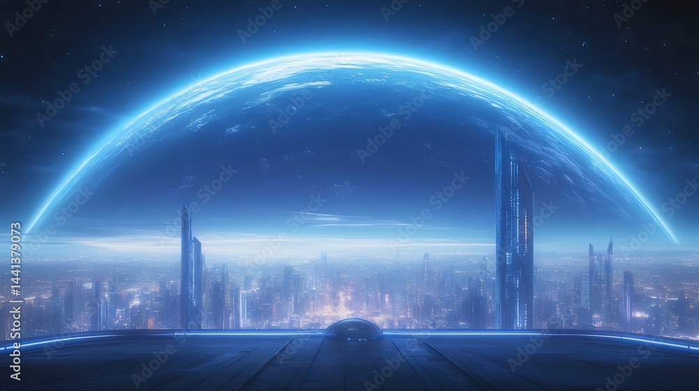 Aufkleber 青い光の球体と未来的な都市の風景 夜空に輝く都市構造と展望台からのパノラマビュー