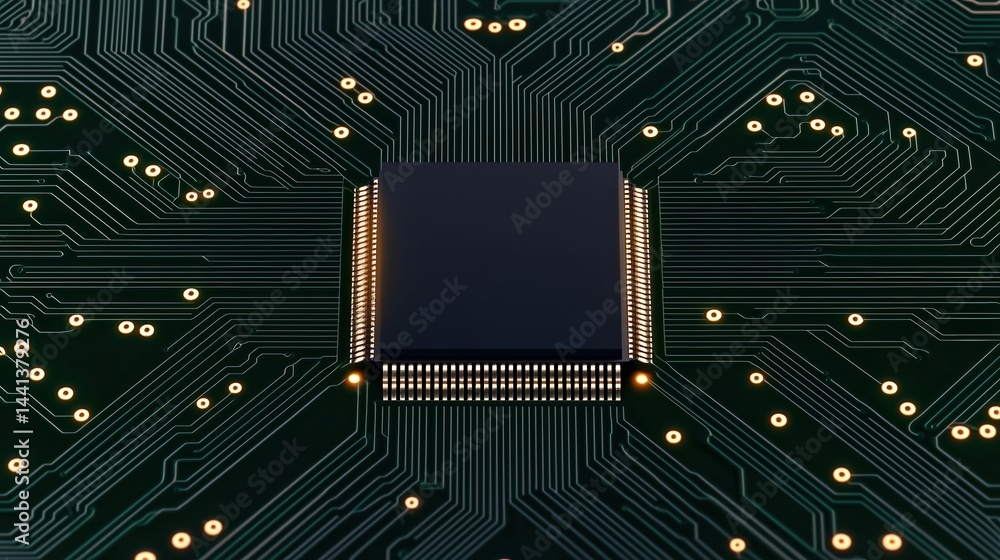 Poster a close-up view of a black microchip on a green printed circuit board with intricate gold traces.