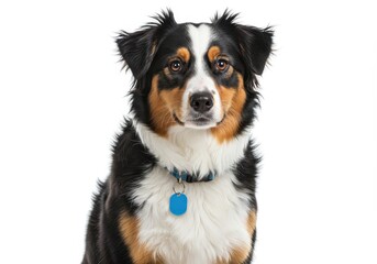 Fototapeta premium A tri color australian shepherd dog with a blue collar and tag on a white background looking forward