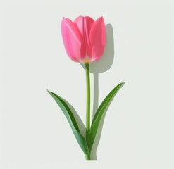 Obraz premium single pink tulip flower with green leaves casting a soft shadow on a plain white background, evoking simplicity and calmness