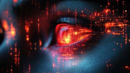 Close-up of an eye with digital overlay showing glowing red and blue patterns.