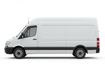 Side view of a white cargo van with black trim parked on a white background in a studio setting