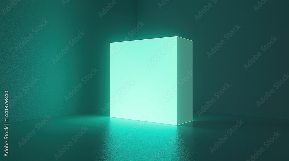 Poster a glowing cube emits teal light in a minimal, empty room, creating a futuristic and modern atmospher