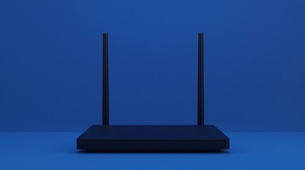 A black wireless router with two antennas is displayed against a solid blue background.