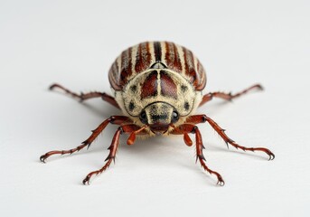 Close up shot of a june beetle with brown stripes and white spots on a white background surface