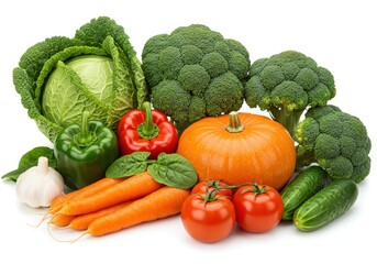 A colorful assortment of fresh vegetables including cabbage broccoli and carrots on white background