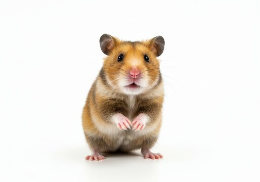 Portrait of a golden hamster standing on a white background looking directly at the camera lens
