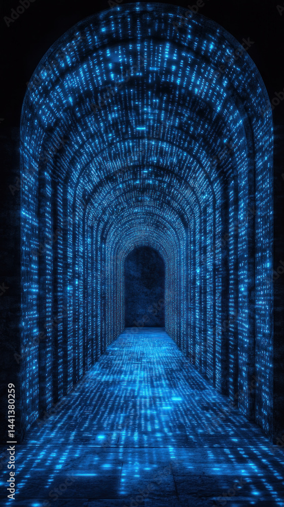 Poster a blue tunnel with a blue light shining on it. the tunnel is long and narrow. the light is shining o