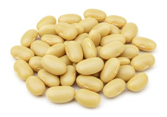 A close up shot of a pile of raw navy beans on a white surface in a studio setting with good lighting