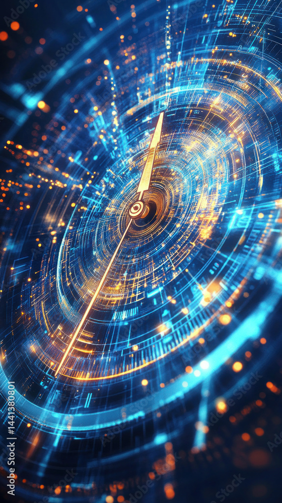 Poster a clock with a blue background and orange numbers. the clock is surrounded by a circle of lights