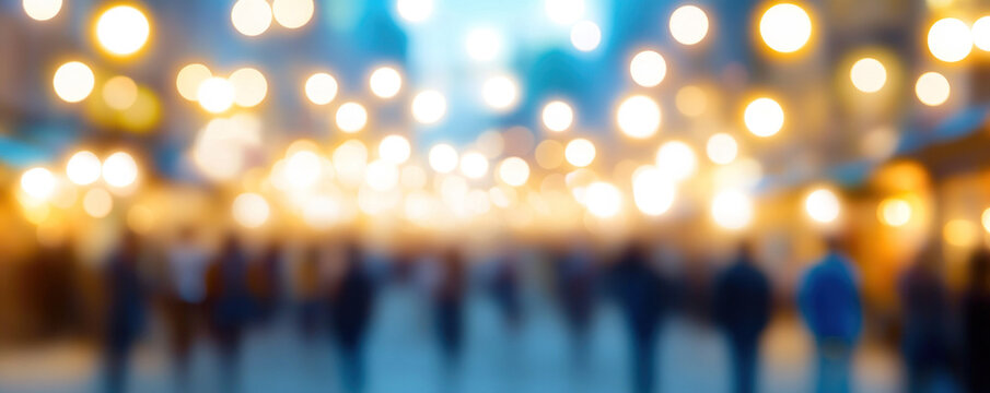 A blurry image of a crowded street with people walking around. The scene is lively and bustling, with many people moving in different directions. The blurred effect gives the image a sense of motion