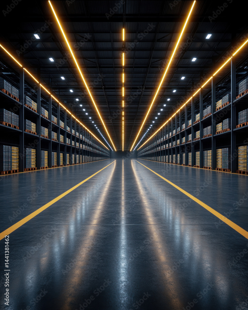 Poster a long, empty warehouse with yellow lights shining down on the floor. the space is vast and empty, w