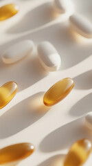 A close up of a bunch of pills, some of which are orange and some are white. The pills are arranged in a pattern on a white background
