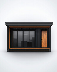 Obraz premium A small black and wooden house with a door and windows. The house is on a white background