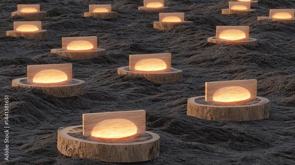 Aufkleber surreal glowing objects resembling sunrises float on dark, wavy water, creating an imaginative and d