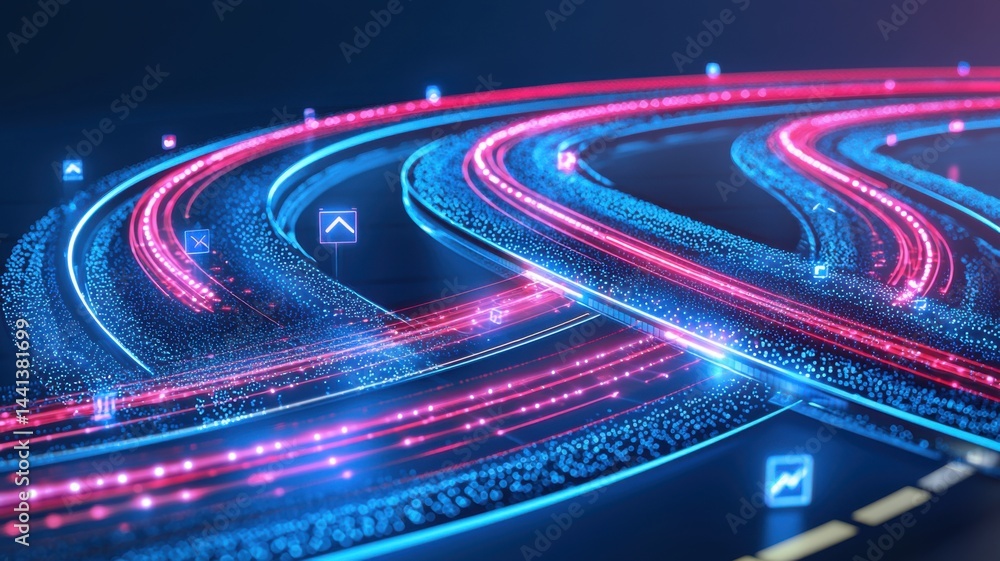 Aufkleber curving digital highways with glowing data streams and futuristic icons symbolizing high-speed infor