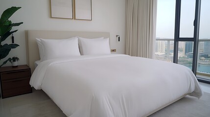 Bright Bedroom Retreat: Serene White Bedding, City View, and Modern Design Elements Enhance a Calm and Luxurious Atmosphere.