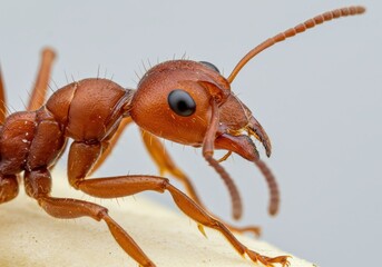 Extreme close up of a red ant showing its head legs and antennae against a light background