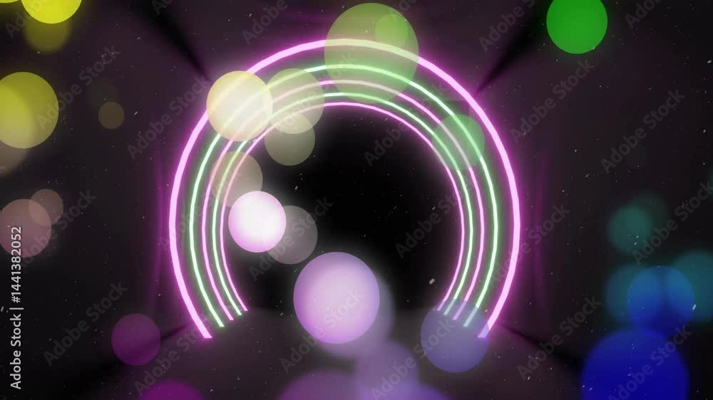 Poster Concentric neon arches being animated in abstract tunnel with floating bokeh orbs layering grain