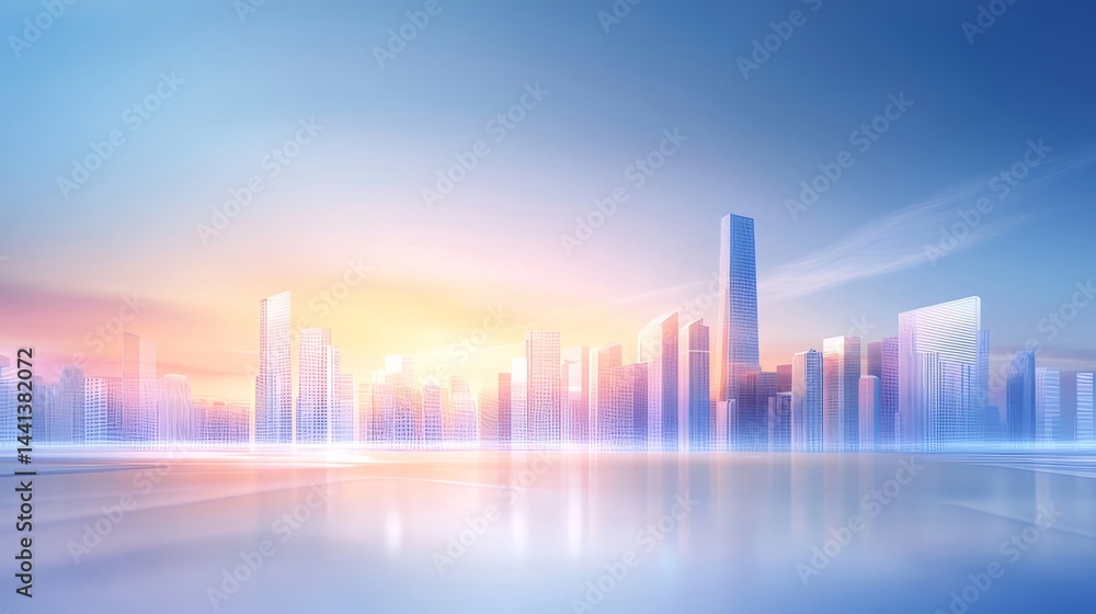 Aufkleber 未来都市のパノラマ 青空の下にそびえ立つ高層ビル群 水面に映る光の反射と夕焼けのグラデーション