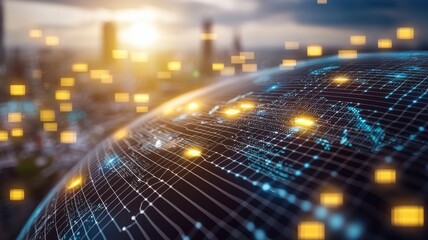 A digital globe with glowing data points and cityscape background, symbolizing global connectivity and technology.