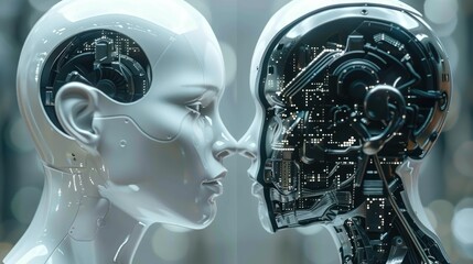 Fototapeta premium two futuristic humanoid robots facing each other with one robot showing an intricate mechanical interior filled with circuits and components, conveying advanced technology and artificial intelligence