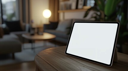 Tablet mockup blank screen on wood table in living room for advertising presentation and template 100 char