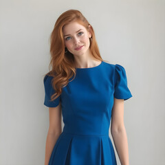 Fototapeta premium Resplandeciente pelirroja en un vestido azul que define su figura.