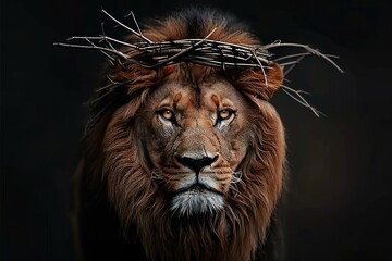Fototapeta premium portrait of a majestic lion with a somber expression wearing a crown of thorns against a dark background