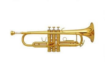 A shiny golden trumpet on a white background showing the instrument in a horizontal position clearly visible