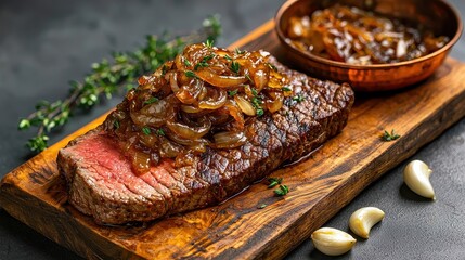 Caramelized onion topping heaped generously over sliced flank steak on rustic wooden board with copper pan, roasted garlic and fresh thyme garnish