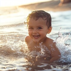Joyful baby splashing in shallow ocean waves with a bright smile on his face enjoying a fun day at the beach under the sunlight
