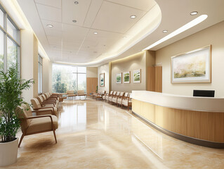 Modern, spacious waiting room with comfortable seating and natural light creates welcoming atmosphere. room features elegant decor, including framed artwork and indoor plants