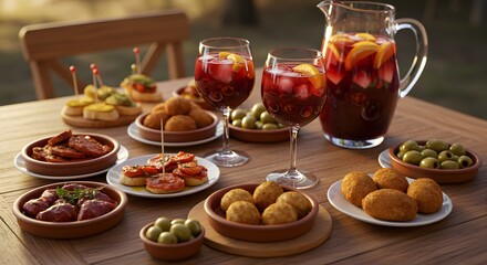 An array of spanish tapas and sangria on a wooden table with a pitcher and glasses in soft lighting